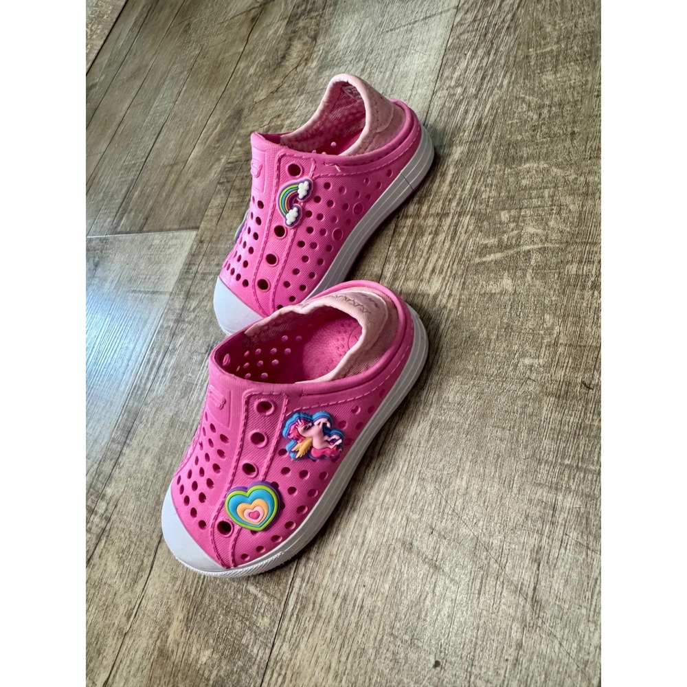 Skechers Foamies Kids Pink Unicorn Rainbow Heart Slip On Water Shoes Size 7 - Picture 2 of 5